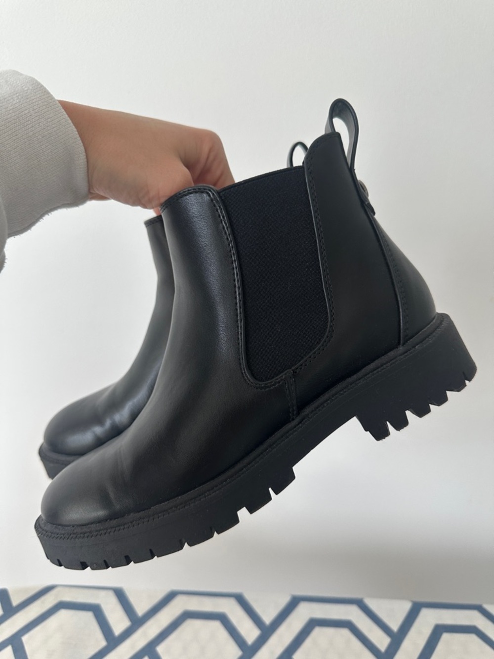 Black Leather Lug Sole Chelsea Boots